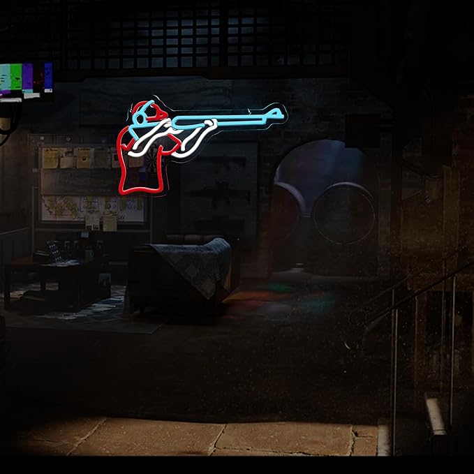 Man Shooting Neon Sign Nerf Sniper Rifle Light Up Sign Shooter Gifts Gun Player Light Sign Dimmable LED Sign for Gun Club Decor Man Cave Game Room 15.2"×9"