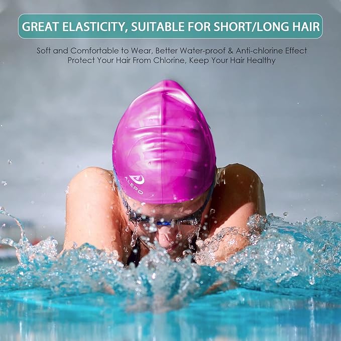 2 Pack Unisex Swim Caps with 3D Ear Protection, Durable Flexible Silicone Swimming Hats for Women Men Kids Adults, Bathing Swimming Caps for Short/Long Hair with Ear Plugs&Nose Clip