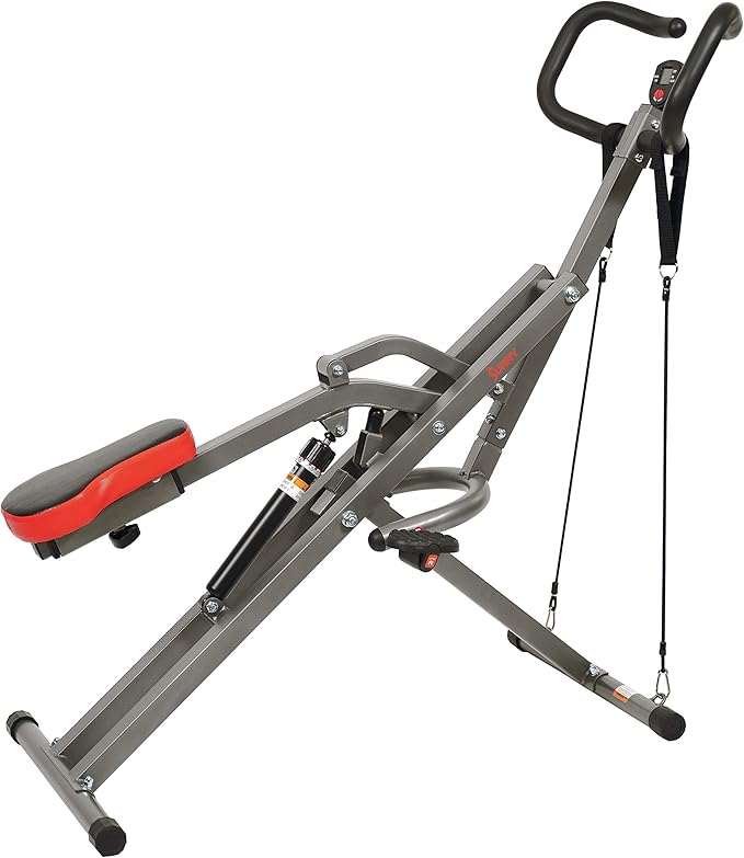 Sunny Health & Fitness Row-N-Ride PRO, Full Body Combo Squat Machine w/Optional Resistance Band, Easy Setup Ab Workout Exercise Equipment for Home, Whole Body Cardio, Optional SunnyFit App Connection