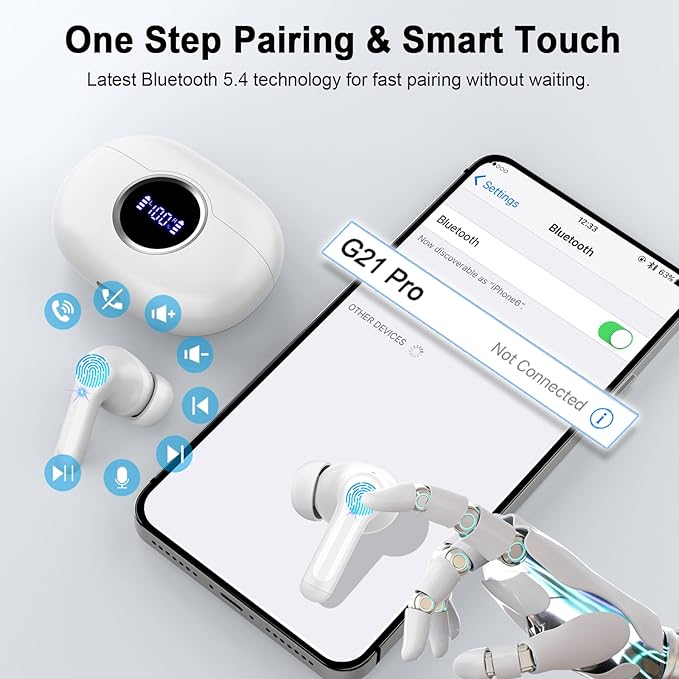 Wireless Earbuds, 2025 Bluetooth 5.4 Headphones 3D Stereo Hi-Fi Bass Ear Buds, 4 ENC Noise Cancelling Mic, 40+Hrs USB-C in-Ear Earphone Sport, IP-X7 Waterproof Workout Gym for Android iOS Laptop Pad