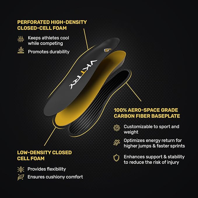 VKTRY Gold for Non-Cleated Shoes - Carbon Fiber Performance Insoles - Customized Athletic Inserts for Sports Basketball Volleyball Running & More | Shock Absorption US M11.5-12, W13.5-14, 121-170lbs