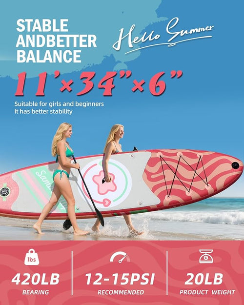 11'Stand Up Paddle Boards Surf Control with Premium SUP Board Accessories Backpack & Removable Fins, 34" Wide Inflatable Paddle Boards of All Skill Levels