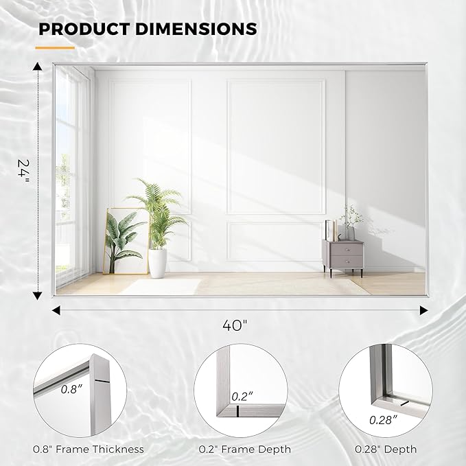 24x40 Inch Nickel Bathroom Mirror for Wall, Aluminum Frame Rectangle Rectangular Vanity Mirror, Modern Large for Bedroom, Living Room, Horizontal or Vertical