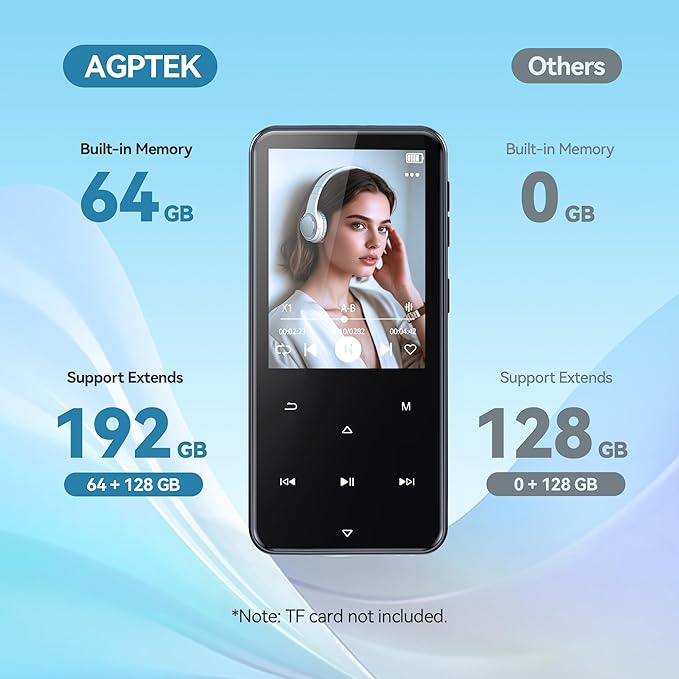 AGPTEK 64GB MP3 Player with Bluetooth, M3 2.4 inch Music Player with Speaker and FM Radio, Touch Buttons, Supports Up to 128GB(Black)