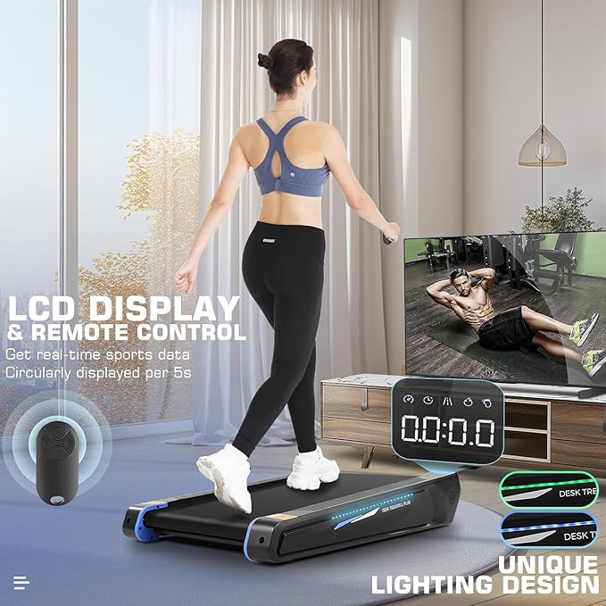 FUNMILY Smallest Walking Pad with 5% Incline, 2 in 1 Under Desk Treadmill for Home Office, 2.5 HP Mini Compact Walking Treadmill, Installation-Free/300lbs Weight Capacity/Unique Lighting Design
