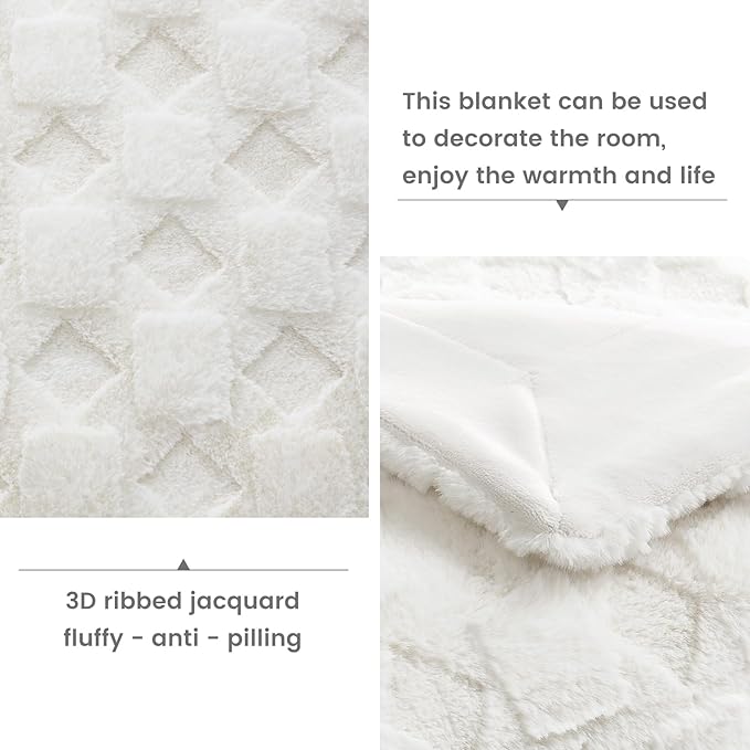 Cozy Bliss Faux Fur Throw Blanket for Couch - Soft Checkered Fuzzy Cozy Throw Gift Blankets for Women,Cream White Boho Blanket for Sofa Bedroom Living Room.60 * 80 Inches