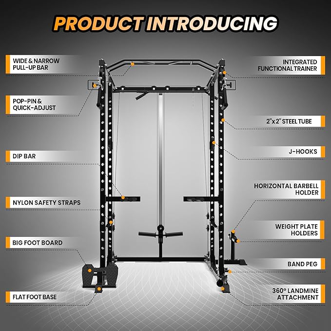 GaveeLife Power Cage, 2000 LBS Power Rack with Cable Cross-Over System, Multi-Functional Strength Training Squat Rack with LAT Pull Down System, Home Gym Equipment with Training Attachment, Red