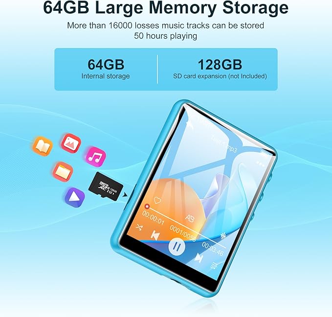 64GB Mp3 Player with Bluetooth 5.3 Blue, SWOFY M4 Music Player with 2.4" Touch Screen, HD Speaker FM Radio, Recording Support up 128GB