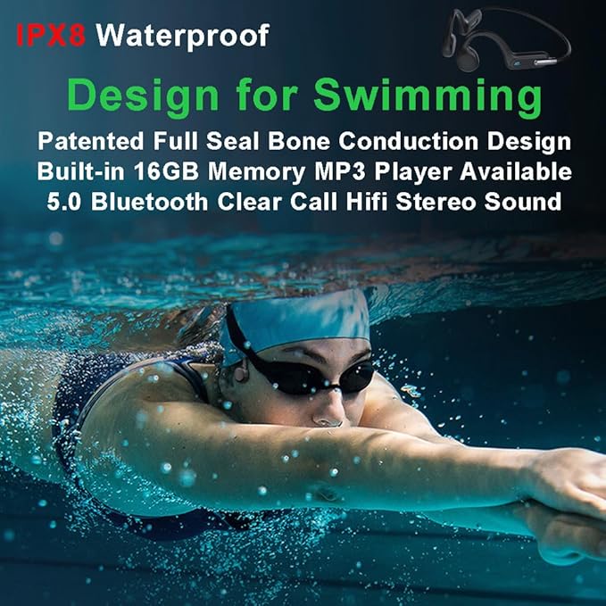 IHAO Swimming Headphones True Bone Conduction Open Ear Headset MP3 Player Built-in 32G Memory IP68 Underwater Waterproof Stereo Bluetooth Earphone for Driving Bicycling Running Skiing-X6 Black