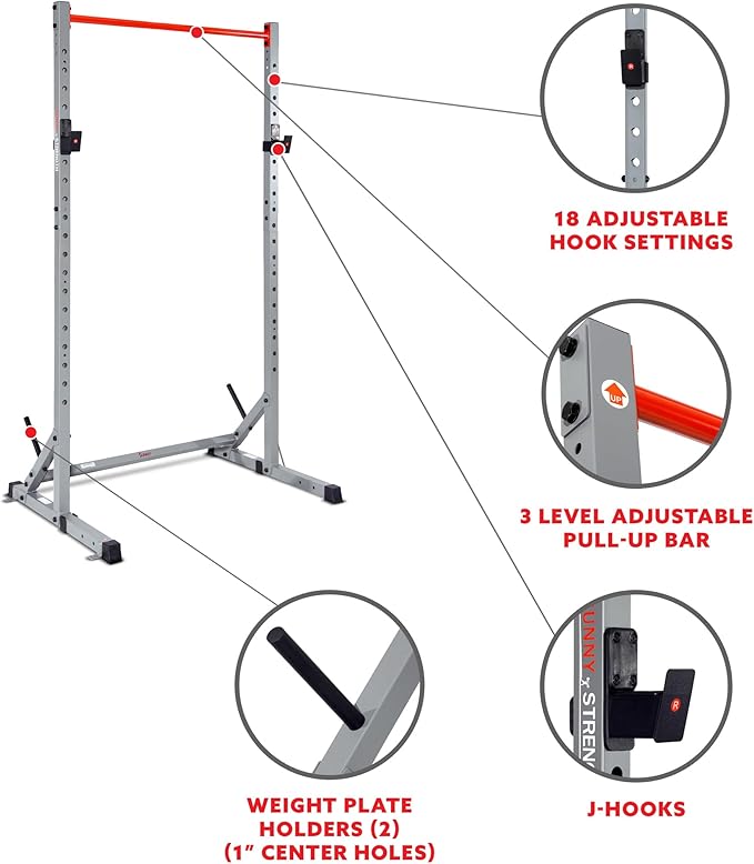 Sunny Health & Fitness Multifunctional Strength Training Home Gym – Complete Workout Equipment with Training Attachments, Optional Squat Stand, Power Rack Cage, Adjustable Incline Bench