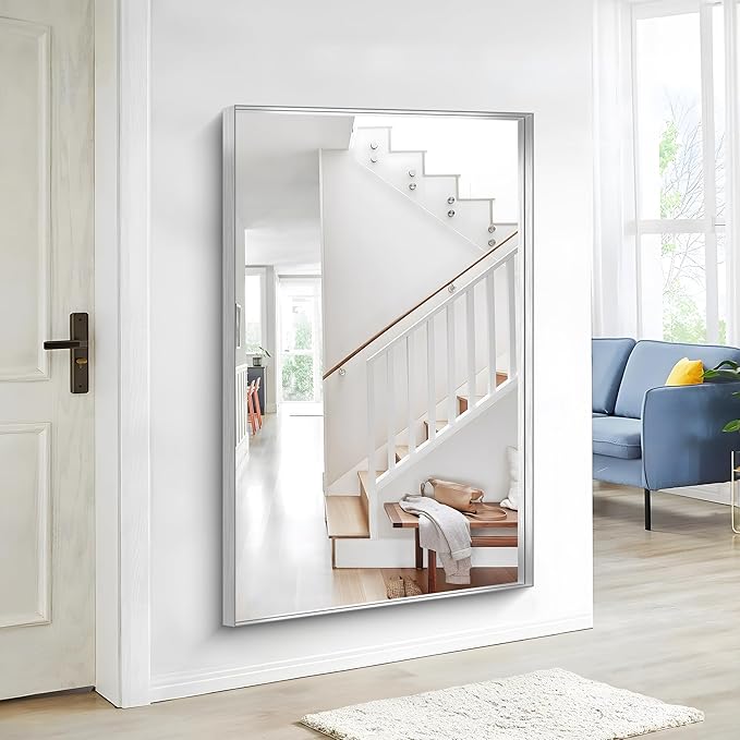 Silver Bathroom Mirror, 36x55 Inch Rectangular Deep Frame Mirror, Large Wall Mounted Bathroom Vanity Mirror Over Sink for Bedroom,Restroom, Living Room, Hangs Vertically or Horizontally