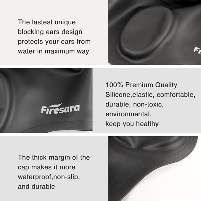 Firesara Swim Cap, Original Updated Swimming Cap 3D Ergonomic Design Comfortable Durable Ear Protection for Women Kids Men Adults Boys Girls for Long or Short Hair with Nose Clip and Ear Plugs