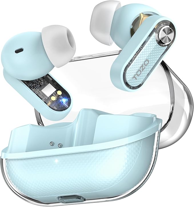 TOZO Crystal Pods Hybrid Active Noise Cancelling Wireless Earbuds, 10mm Drivers Deep Bass Stereo Sound, 4 Mics Smart ENC AI Calls, 32 EQ via App, Bluetooth 5.4 Headphones, Crystal Case Design