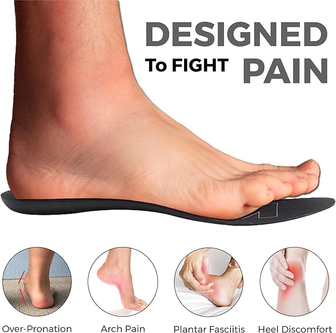 Ultra-Thin Plantar Fasciitis Insoles Designed for Comfort & Maximum Pain Relief, Ideal for Dress Shoes & Boots | Black (Men's 10-10.5, Women's 11.5-12)