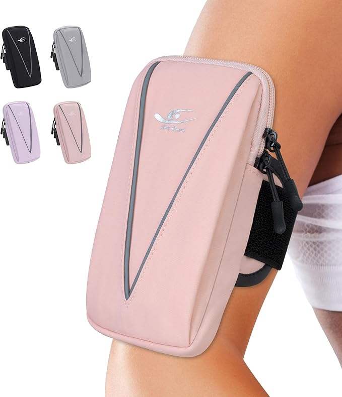 HiRui Cell Phone Holder Arm Bag & Wrist Bag for Phone, Sports Running Armband for Gym & Cycling, Compatible with iPhone 16/16Pro/Plus/15/14 Samsung Galaxy All Phones, Reflective & Adjustable (Pink)