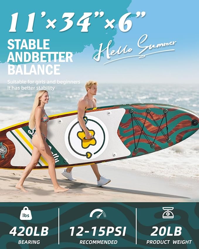 11'Stand Up Paddle Boards Surf Control with Premium SUP Board Accessories Backpack & Removable Fins, 34" Wide Inflatable Paddle Boards of All Skill Levels