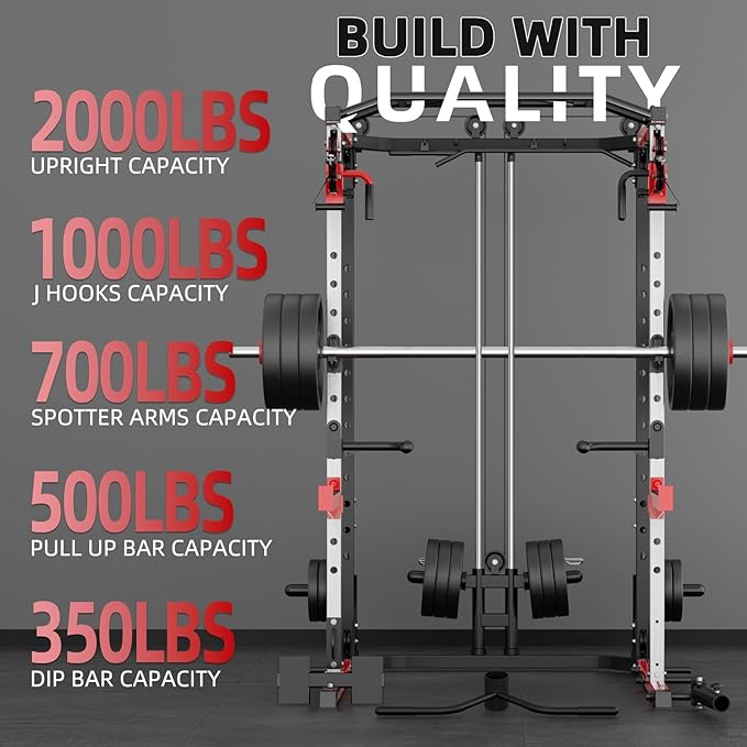 Smith Machine, Power Rack with LAT Pulldown System, Power Cage with Cable System, Squat Rack for Home Gym with Chest Press Machine, Spotter Arms, Leg Curl Attachment and More
