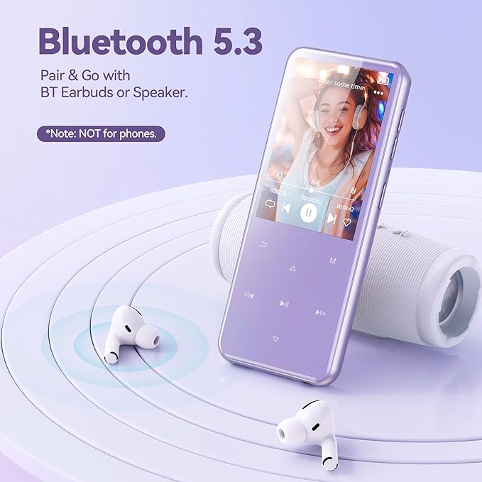 AGPTEK 64GB MP3 Player with Bluetooth, M3 2.4 inch Music Player with Speaker and FM Radio, Touch Buttons, Supports Up to 128GB(Purple)