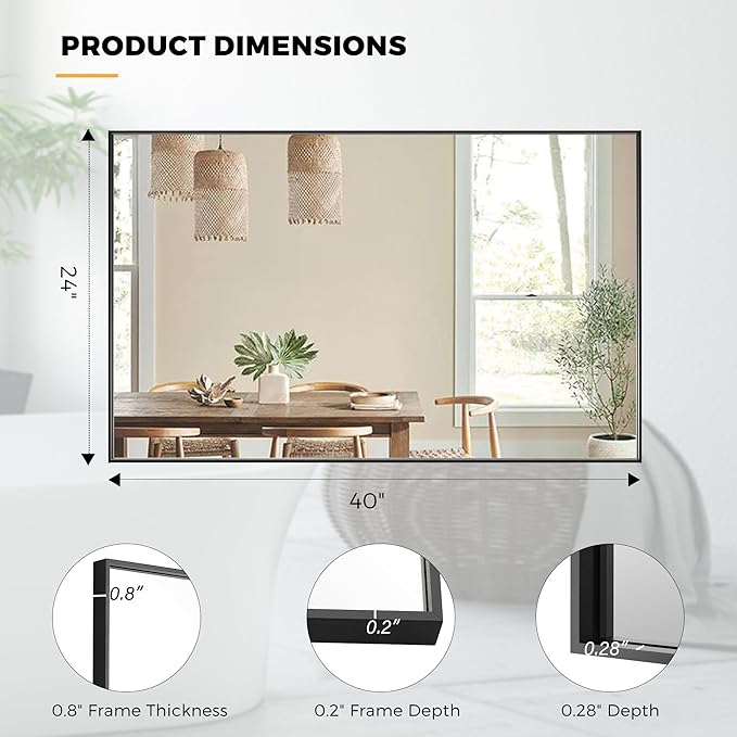 24x40 Inch Black Bathroom Mirror for Wall, Aluminum Frame Rectangle Rectangular Vanity Mirror, Modern Large for Bedroom, Living Room, Horizontal or Vertical