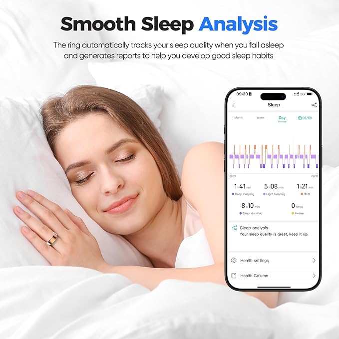 Smart Ring with Sleep Monitoring, No APP Subscription, 10-Day Battery Life, Stress/Heart Rate/Women's Health Tracker, Android & iOS Compatible (Black, 7)