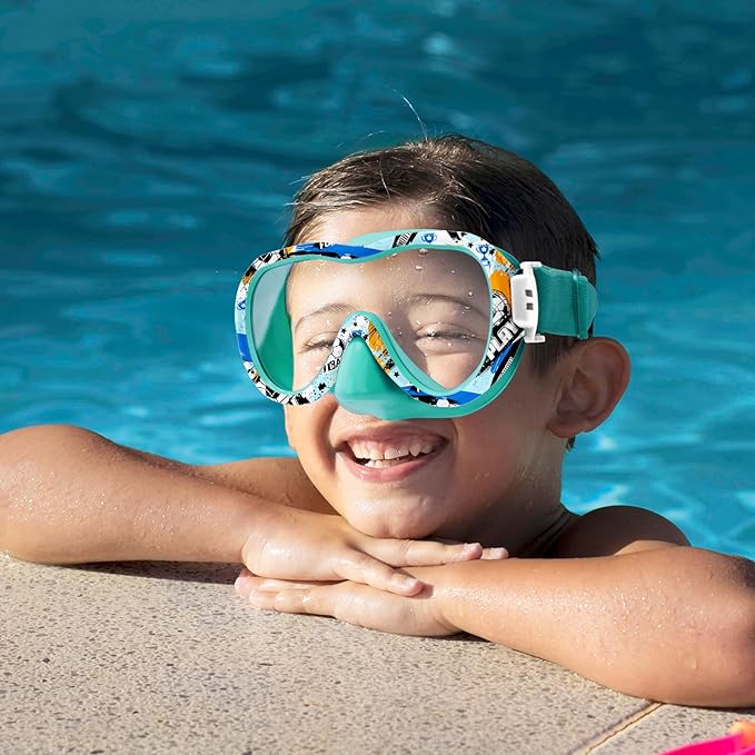 Kids Swim Goggles with Nose Cover, 180° Panoramic Snorkel Mask with Anti-Fog & Anti-Leak Design, Comfort Fabric Strap UV Protection Lens for Boys Girls Ages 3-15