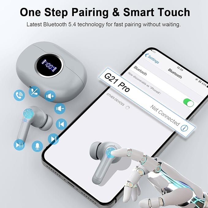 Wireless Headphones, 2025 Bluetooth 5.4 Earbuds 3D Hi-Fi Stereo Bass Ear Buds, 4 ENC Noise Cancelling Mic, 40H in-Ear Earphone Sport, IP-X7 Waterproof Workout Gym for Android iOS Laptop Pad