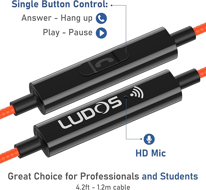 LUDOS Clamor Wired Earbuds in-Ear Headphones, 5 Years Warranty, Earphones with Microphone, Noise Isolating Ear Buds, Memory Foam for iPhone, Samsung, School Students, Kids, Women, Small Ears - Coral