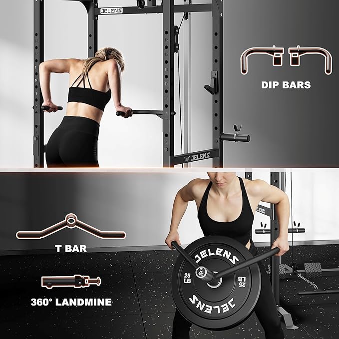 S21 Power Cage, Multi-Function Power Rack with Adjustable Cable Crossover System, 2000LBS Squat Rack for Home Gym with More Training Attachments