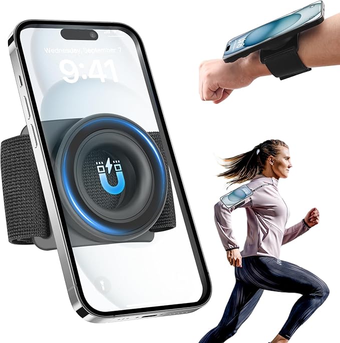 TOPGO Running Phone Holder for iPhone [360° Rotatable & Upgrade Anti-Drop] Magnetic Wrist Phone Holder, Magsafe Armband Compatible with iPhone 17 Pro and Android - Black