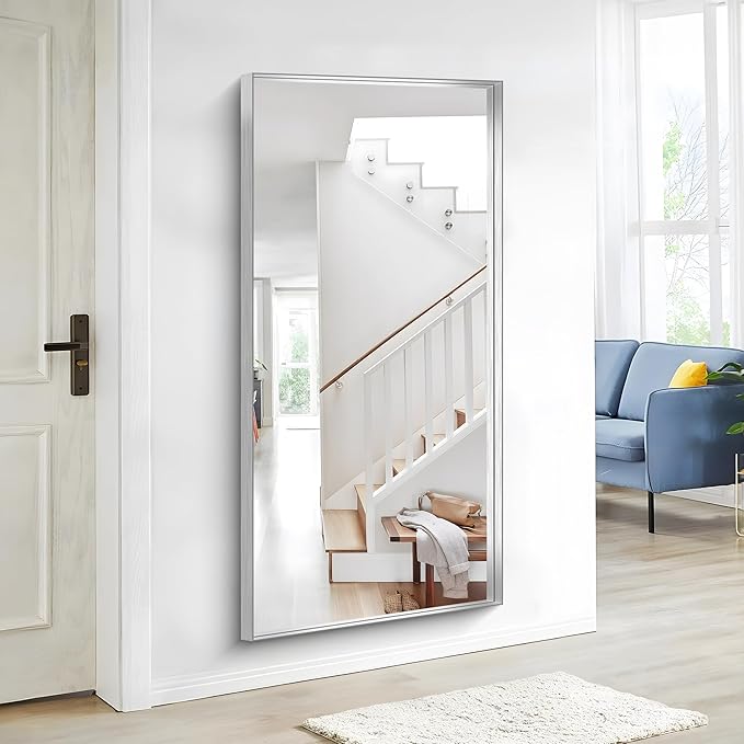 Silver Bathroom Mirror, 30x60 Inch Rectangular Deep Frame Mirror, Large Wall Mounted Bathroom Vanity Mirror Over Sink for Bedroom,Restroom, Living Room, Hangs Vertically or Horizontally