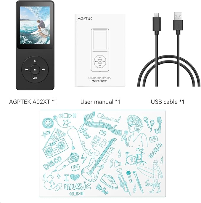 AGPTEK A02 MP3 Player with Bluetooth 5.3, 1.8 inch Screen Portable Music Player with Speaker, FM Radio, Voice Recorder, Supports Expanded Up to 128GB(Black, 32GB)