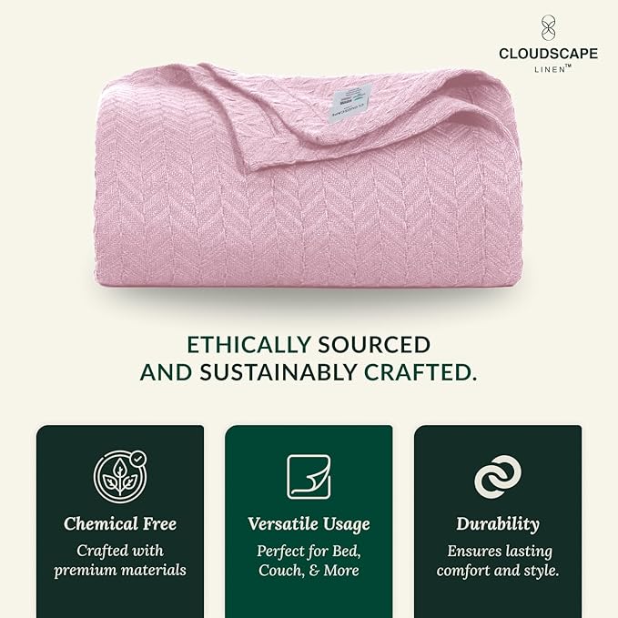 Cloud Scape Linen Herringbone Cotton Throw Blanket for Couch, Bed,Sofa, Home Decor, Soft, Lightweight, All-Season Bed Blanket, 50 x 70, Seashell Pink