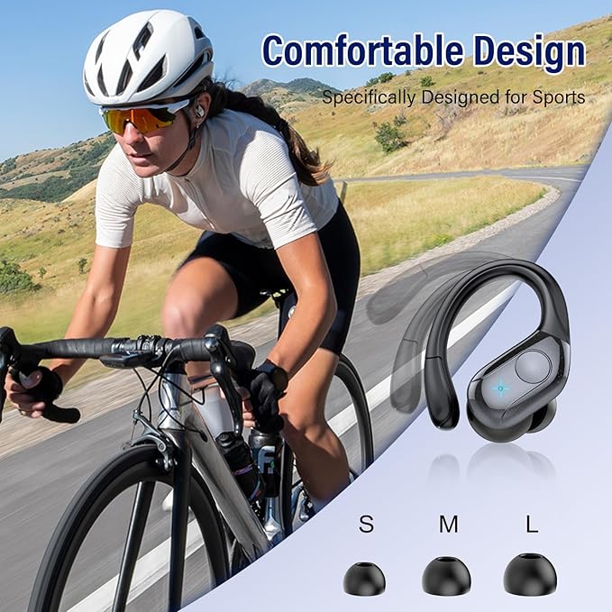 Wireless Earbuds Bluetooth 5.4 Headphones Sports, 75H Stereo Deep Bass Over Ear Buds with Earhooks, Bluetooth Earbuds with 4 ENC Mic, LED Display, IP7 Waterproof Earphone for Running, Black
