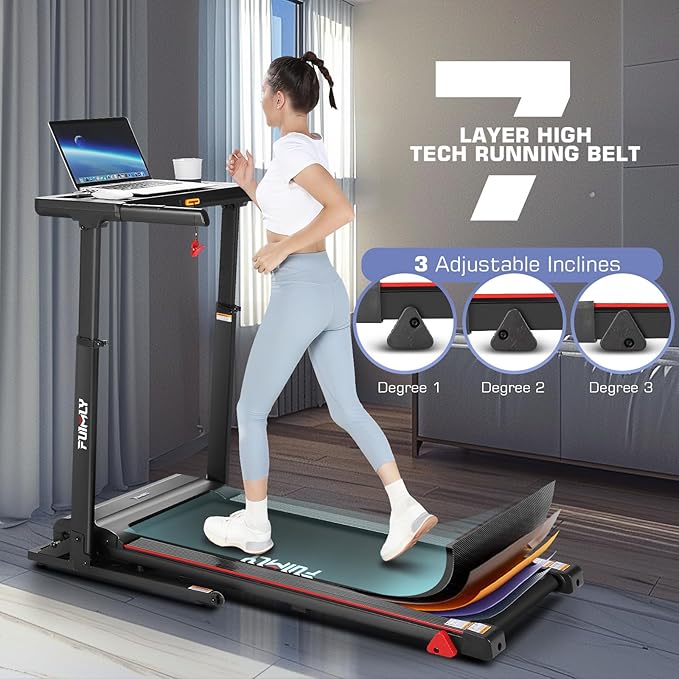 Treadmill with Desk Workstation & Adjustable Height, 300 LBS Weight Capacity, Folding Treadmill with 3 Level Incline, Bluetooth Speaker & App, Portable 2.5HP Walking Pad with Desktop for Home Office