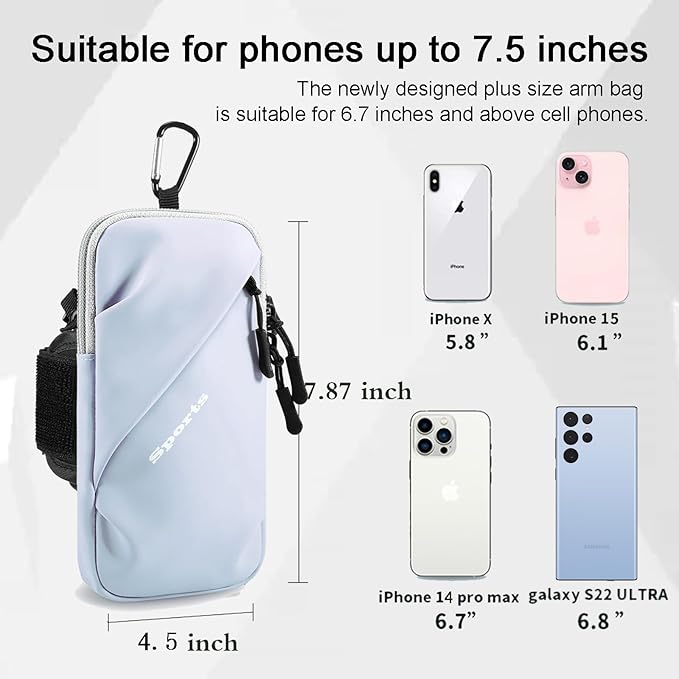 Phone Holder Arm Bands, Small Crossbody Shoulder Holsters Bag with Arm Band, Fits iPhone and All Cell Phones, Use for Running, Walking, Hiking & Biking (Plus Size Light Blue)