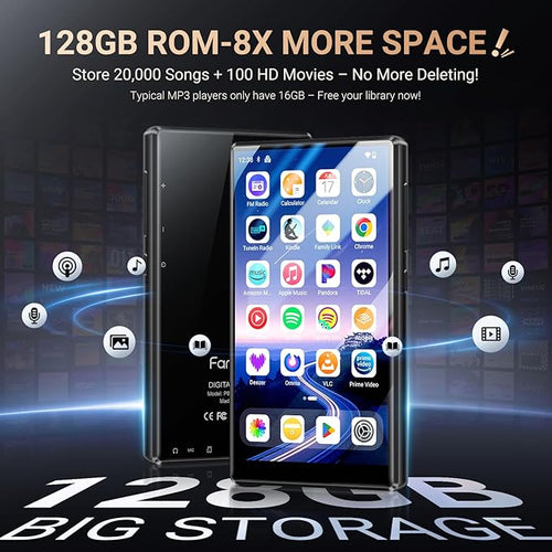 128GB MP3 Player with Bluetooth WiFi, Android 13 OS MP3 & MP4 Player with 5" Touchscreen and Speaker, 4GB RAM & 128GB ROM, Spotify Music Player with Audible, FM Radio, Amazon Music, Play Store