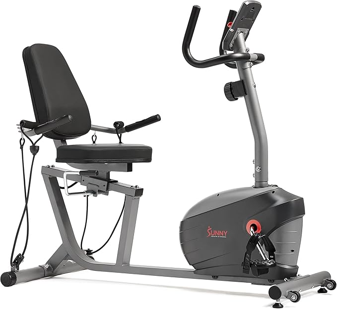 Sunny Health & Fitness Smart Indoor Recumbent Bike Trainer, Home Full Body Workout & Cardio Cycling Machine for Seniors, Free SunnyFit Bluetooth Connect, Optional Arm Exerciser Hand Cycle & Bands