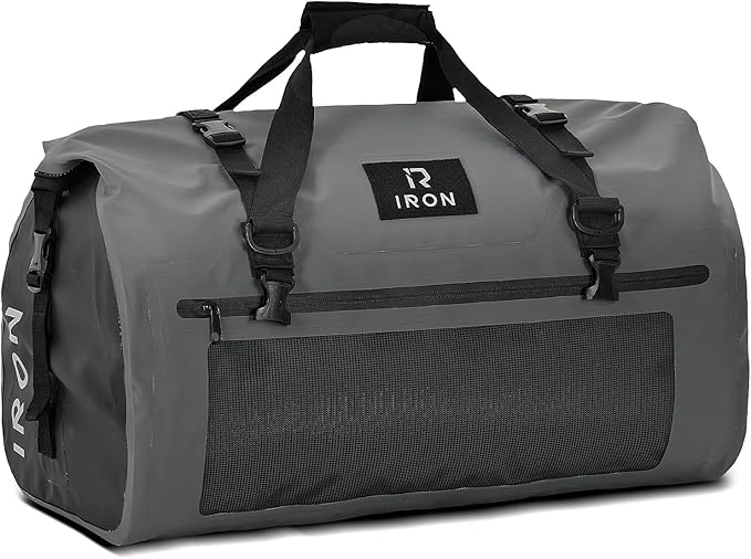BORLENI Waterproof Motorcycle Dry Duffel Bag Luggage Tail Bag with Large Storage Space,Roll Top Closure, Shoulder Straps, Inner Pocket and Mesh Pocket for Motorcycling Travel Camping (Grey,50L)