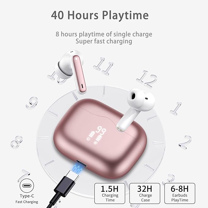 Wireless Earbuds, Bluetooth 5.4 Headphones in Ear with 4 ENC Noise Cancelling Mic, New Wireless Earphones HiFi Stereo Deep Bass 40H Playtime, In-Ear Bluetooth Earbuds LED Display IP7, USB-C, Rose Gold