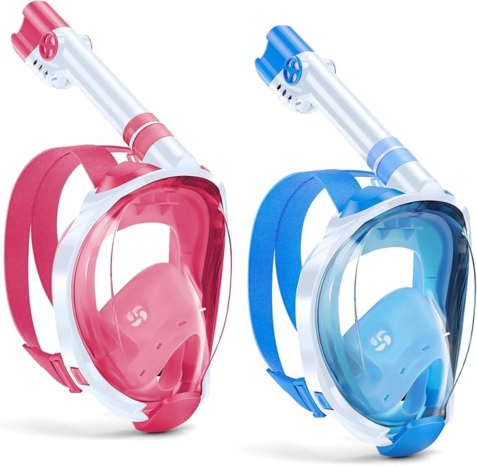 W WSTOO Kids Full Face Snorkel Masks,Suitable for Beginners Dry Top Snorkeling Gear,Can Your Mouth or Nose to Breathe,180 Degrees Panoramic View,Anti-Fog Anti-Leak,Summer Travel and Vacationing Gifts