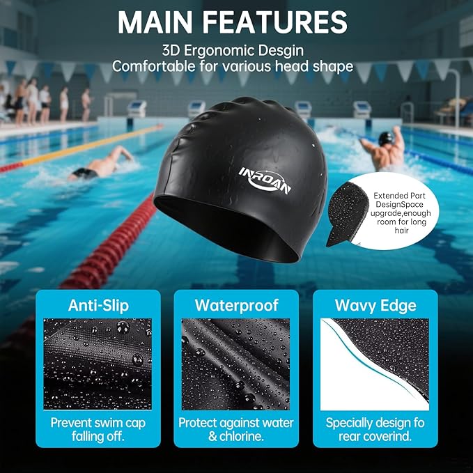 Large Thick Hair Swim Cap with Extra Room for Women Men, Premium Silicone Swimming Cap for Long Hair with Ear Plugs Nose Clip Set, Adult Waterproof Swim Hats Bathing Caps to Keep Hair Dry