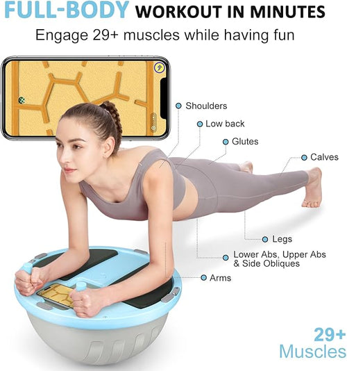 2-in-1 Balance Ball & Plank Board Trainer with App & 4 Interactive Games, Half Exercise Ball for Pilates & Yoga, Core Strength Training, Home Gym Workout, with 2 Resistance Bands & Pump