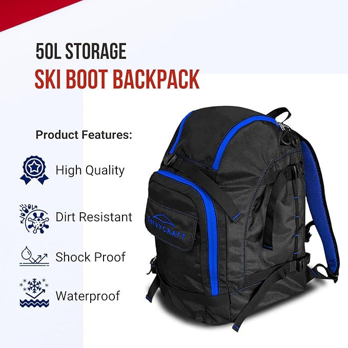 Savvycraft Ski Boot Bag, 50L Ski Backpack for Ski and Snowboard Boots, Helmets, Gloves, and Accessories, Lightweight Durable Convenient, Blue