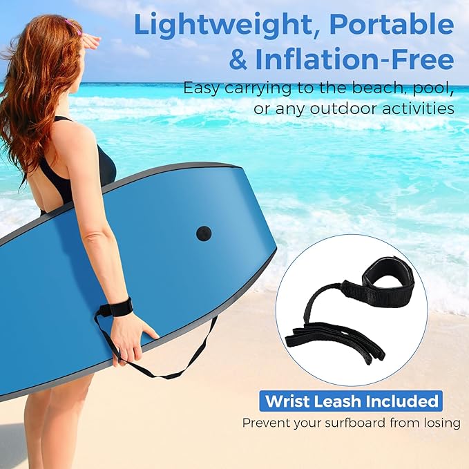 Goplus 41''/37''/33'' Lightweight Body Board for Beach, Surf Board with EPS Core, XPE Deck, HDPE Slick Bottom, Wrist Leash, Bodyboard for Kids Adults Surfing