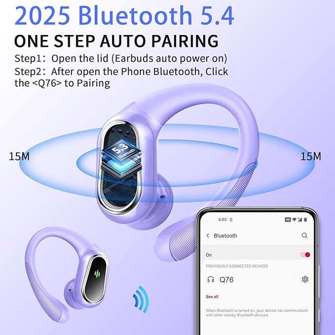 Wireless Earbuds, 2025 Bluetooth 5.4 Headphones Sport, Bluetooth Earbuds with ENC Noise Canceling Mic, 50H Stereo Wireless Headphones IP7 Waterproof with Earhooks, Dual LED Display for Workout/Running
