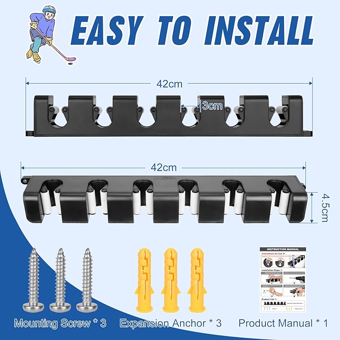 Hikeen Hockey Stick Wall Mount, Enhanced Stability Ice Hockey Stick Display Holder, Space-Saving Hockey Stick Organizer Holds up to 6 Sticks for Any Home Office Wall