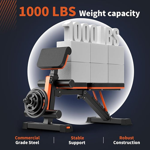 Adjustable Weight Bench, 1000LBS Heavy Duty Foldable Workout Bench with Leg Extension and Preacher Curl Pad, Flat/Incline/Decline for Home Gym Full Body Strength Training