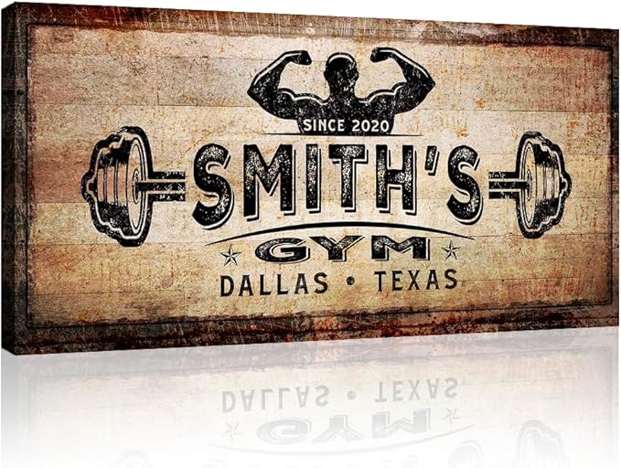 TAILORED CANVASES Personalized Gym Sign Wall Art Decor - Motivational Canvas s for Home Gym, Workout Room, Garage, Fitness Center - Workout Inspirational Posters - Gym Name on Rustic Copper, 20x10in