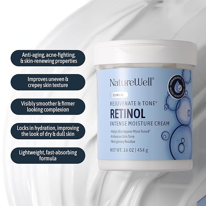 NATURE WELL Clinical Rejuvenate & Tone Retinol Intense Moisture Cream for Face, Body, & Hands, Anti-Aging, Targets Discoloration, Wrinkles, Sun Damage, Crepey, & Sagging Skin, 16 Oz