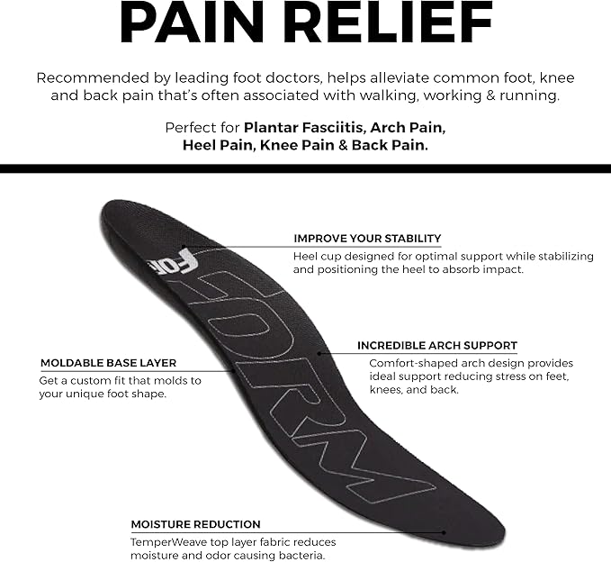Ultra-Thin Plantar Fasciitis Insoles Designed for Comfort & Maximum Pain Relief, Ideal for Dress Shoes & Boots | Black (Men's 10-10.5, Women's 11.5-12)